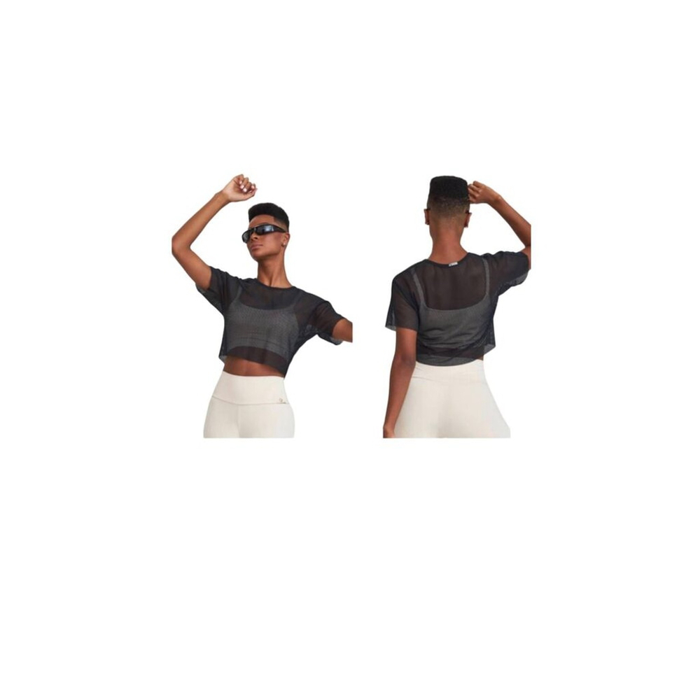 Cajubrasil Women's Fishnet Crop Tee Solid Black See Thru